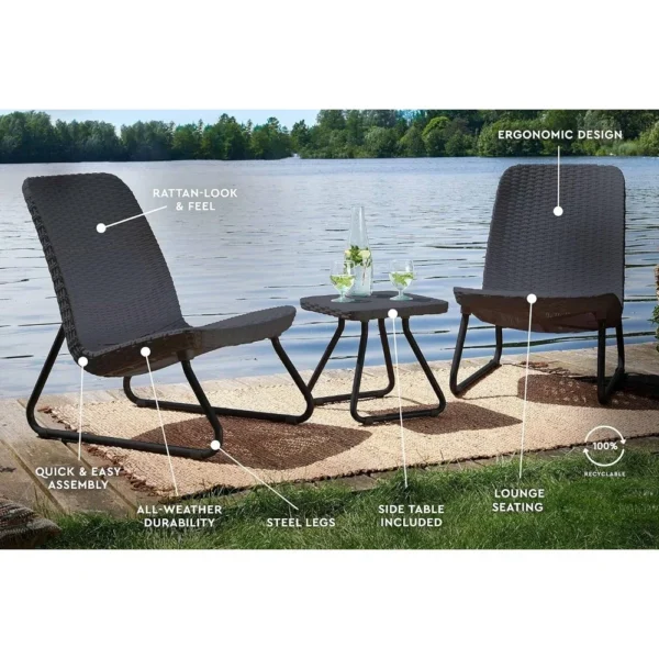 3 Piece Resin Wicker Patio Furniture Set with Side Table and Outdoor Chairs, Dark Grey - Image 2