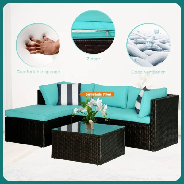 5Pcs Modular Outdoor Sofa Set All Weather Wicker Sectional Sofa with 2 Corner Chair Armless Chair Ottoman Chair Glass Table - Image 4