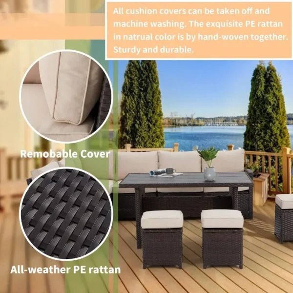 7 Pieces Patio Furniture Set, Outdoor Sectional Sofa Conversation Set, All Weather Wicker Rattan Couch Dining Table & Chair - Image 5