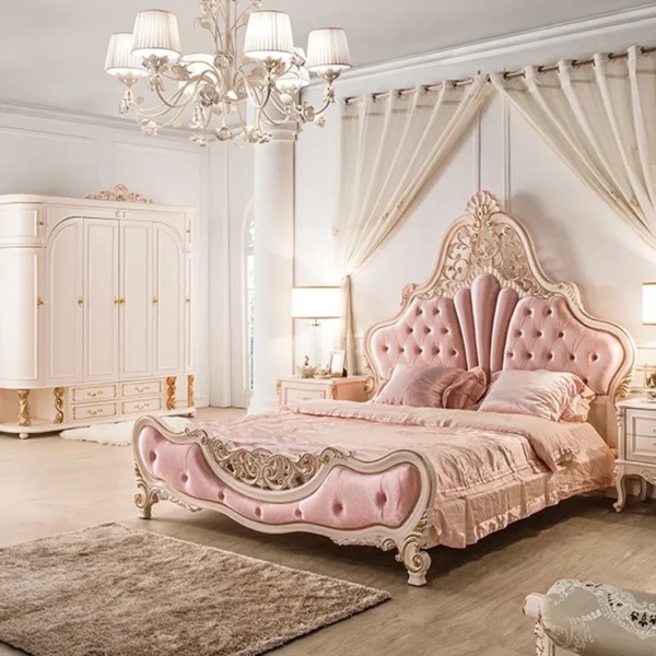 French Style Double Bed Elegant Pretty Pink Princess Bed Luxury Villa Cama Matrimonial Queen Bedroom Furniture Set - Image 2