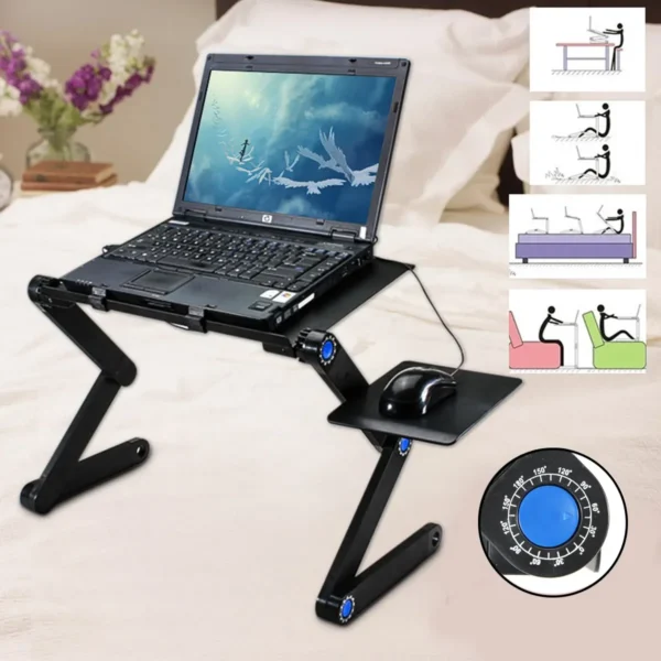 Degree Foldable Adjustable Laptop Desk Table Stand Holder Durable Aluminum Laptop desk Tray with Cooling Dual Fan Mouse Pad - Image 2