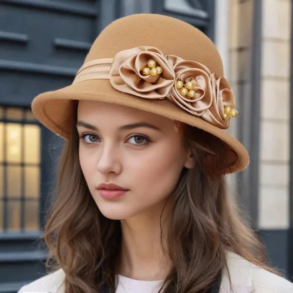 Autumn and winter new woolen top hat, women's British Hepburn style fisherman hat, rose flower elegant and fashionable versatile - Image 2