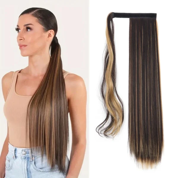 24Inch Synthetic Long Straight Ponytail Wrap Around Clip in Hair Extension Black Brown Blonde Hairpiece for Women