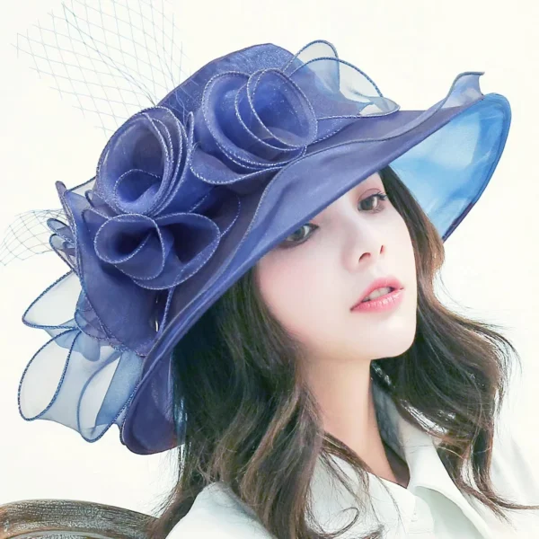 1Pc Elegant Flower Lady Hat Summer Organza Wide Brim Sunscreen Kentucky Derby Hats For Women Church Wedding Beach Sun Cap - Image 2