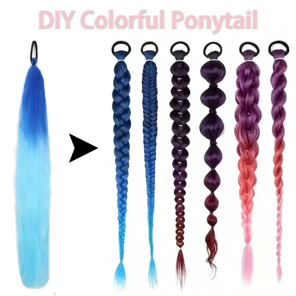 Synthetic Colorful Ponytail Extension 2Pcs Long Straight DIY Braided Pony Tail Hairpiece with Rubber Band Women Hair Accessories - Image 4