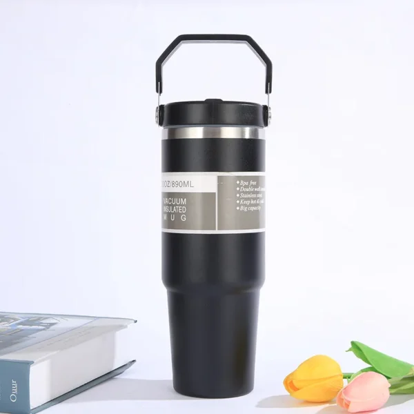 Portable Car Cup Stainless Steel Thermos Cup with Straw & Handle Double Walled Travel Sports Water Bottle Coffee Vacuum Flask - Image 3