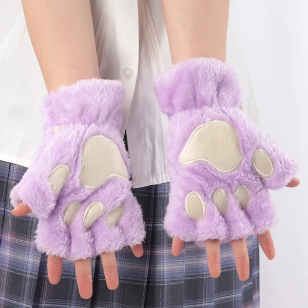 Women Cartoon Cat Claw Gloves Thickened Plush Lovely Style Bear Paw Exposed Fingers Half Winter Mittens Warm Girls Gift Gloves - Image 6