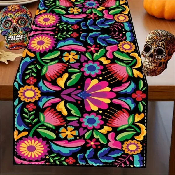 1pc, Table Runner, Festive Mexican Style Table Runner, Polyester Vibrant Day Of The Dead Design, Colorful Home & Party Decor - Image 2