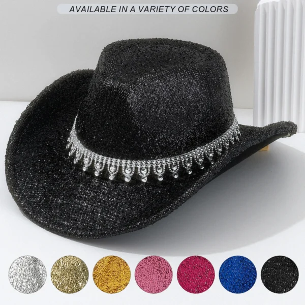 A Lady Western cowboy hat with Rhinestone ribbons sparkled silver jazz hat of all seasons for men to party in retro felt hats