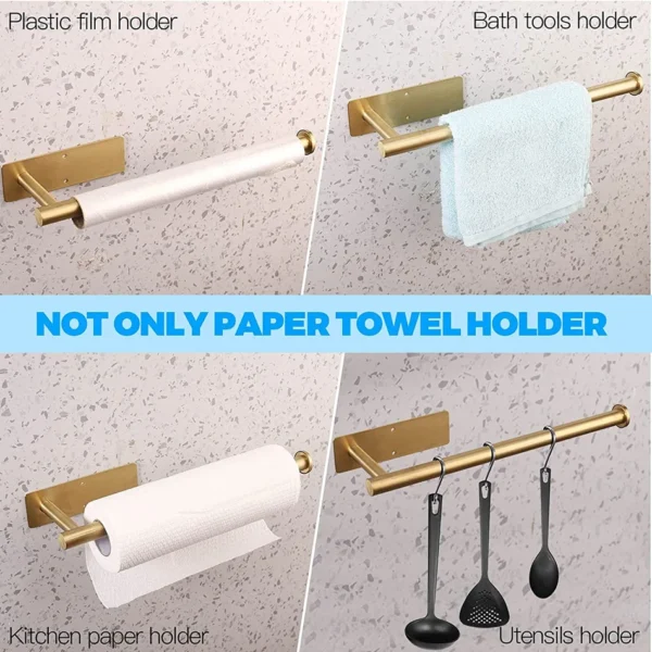 Adhesive Toilet Paper Holder 304 Stainless Steel Brushed Gold Paper Towel Roll Rack Black Bathroom Kitchen Long Tissue Hanger - Image 3