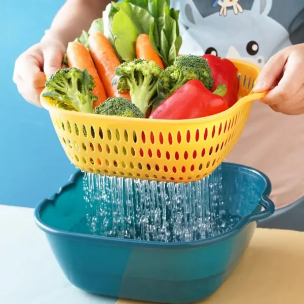 Kitchen Drain Basket 6-Piece Set Double Layered Household Vegetable Washing Basket Multifunctional Plastic Fruit Basin - Image 3