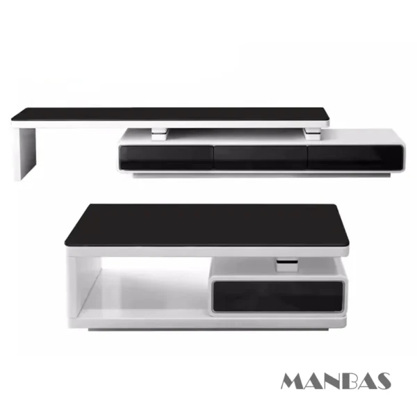 MANBAS Modern  Shiny White / Black TV Stand & Smart Coffee Table, TV Cabinet & Center Table for Living Room Home Furniture - Image 3