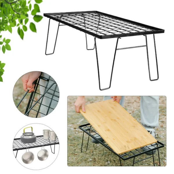 Folding Iron Net Table with Table Board &Bag Camping Lightweight Table Multifunctional Camping Cooking Rack for Outdoor Barbecue