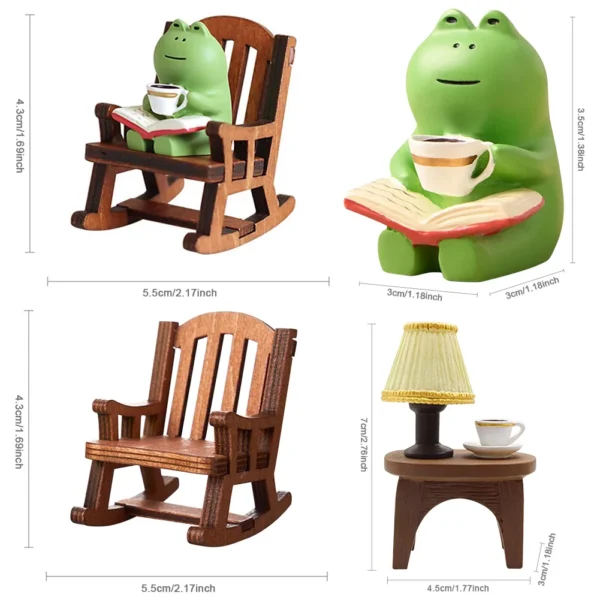 Cute Healing Small Decoration Cute Mini Frog Resin Figurine Rocking Chair Design with Book Coffee Home Bedroom Office Decoration - Image 6