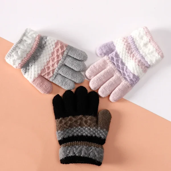 Autumn and Winter Children's Warm Gloves 3-8 Year Old Boys and Girls Thickened Striped Knitted Full Finger Gloves - Image 3