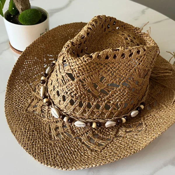 Summer Bohemian Shell Straw Hat Beach Women Men Cowboy Hats Wooden Beads Hollow Out Western Wide Brim Sun Hat Holiday Cap - Image 2