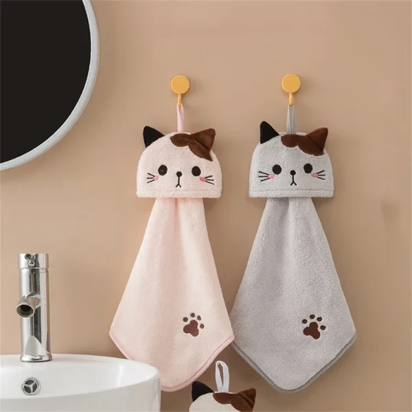 Cute cat kitchen cleaning towel coral velvet hand towel bathroom hanging absorbent dishcloth soft cleaning cloth rag