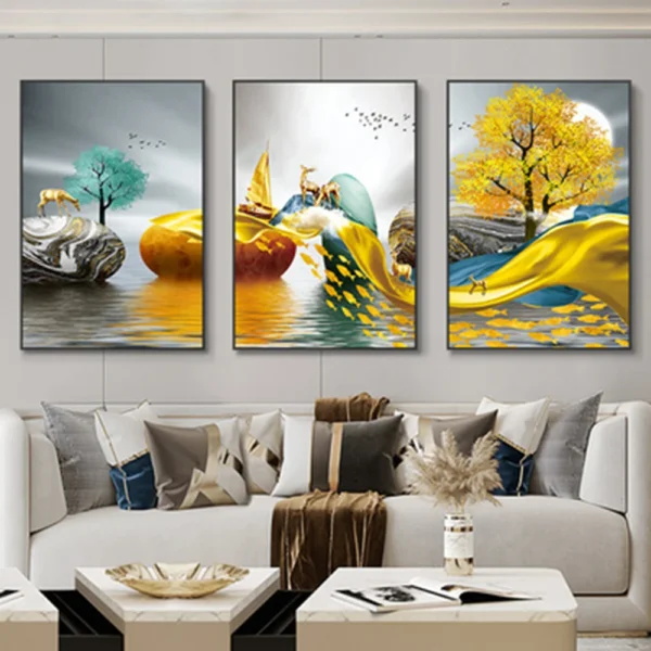 3 Pieces Nordic Luxury Ribbon Abstract Landscape Wall Art Canvas Paintings Modern Gold Deer Poster Print Picture for Home Decor - Image 4