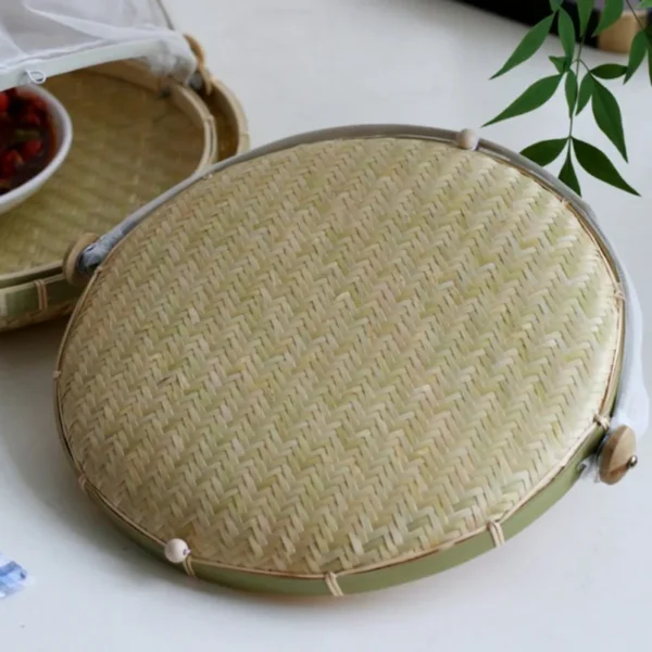 Bamboo Woven Basket Anti-Mosquito Net Fruit Vegetable Basket Dustpan Tent Basket Tray Portable Outdoor Picnic Mesh Net Cover - Image 5