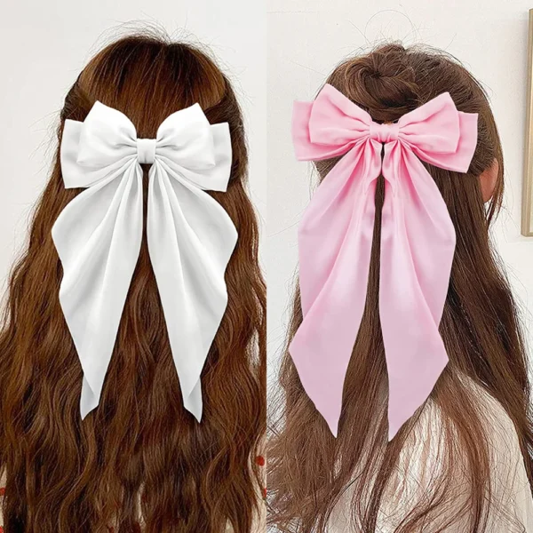 2Pcs/Set Elegant Bow Ribbon Hair Clip Women Fashion Solid Bowknot Satin Hairpin Barrettes Girls Ponytail Clip Hair Accessories - Image 2