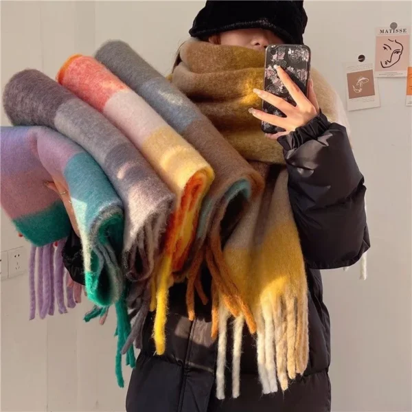 2025 Winter Thick Warm Scarf Women Cashmere Shawl and Wraps Pashmina Neckerchief Bufanda Female Rainbow Hairy Tessel Echarpe New