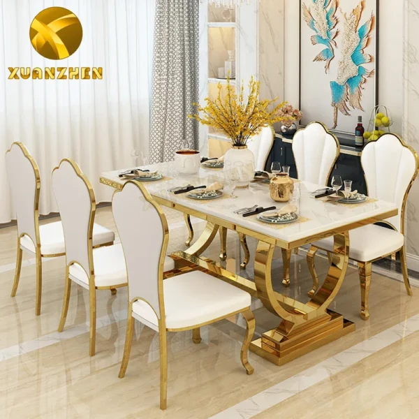 Foshan Furniture Marble Dining Table Set Restaurant Gold Metal Luxury Dining Table With 6 Chairs For Sale DT004 - Image 3