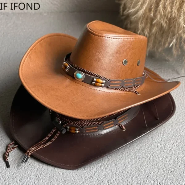 New Faux Leather Western Cowboy Hats For Women Men Vintage Gentleman Dress Hats Panama Cowgirl Jazz Cap Sombrero Hombre - Image 2