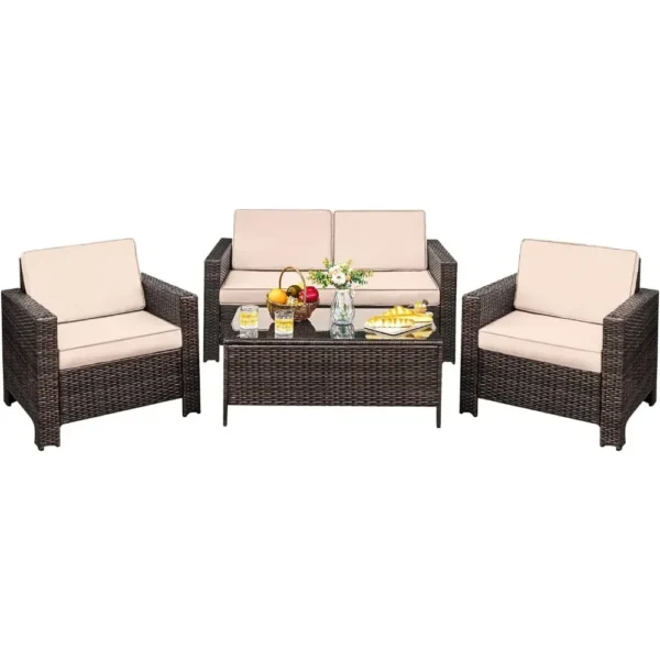 Patio Furniture Sets Rattan Chair Wicker,4 Pieces Outdoor Indoor Backyard Porch Garden Balcony Use Outdoor Furniture Sets