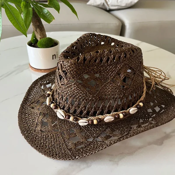 Summer Bohemian Shell Straw Hat Beach Women Men Cowboy Hats Wooden Beads Hollow Out Western Wide Brim Sun Hat Holiday Cap - Image 4