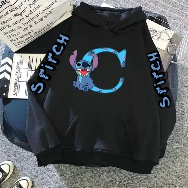 2024 Women's Winter Jacket Cute Kawaii Disney Lilo & Stitch Lucky Letter Print Black Hoodie Fashion Couple Streetwear Sportswear - Image 4