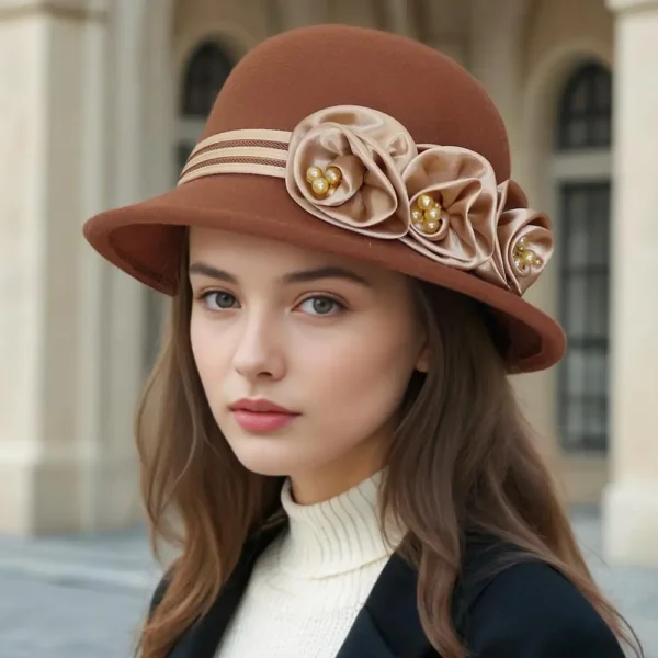 Autumn and winter new woolen top hat, women's British Hepburn style fisherman hat, rose flower elegant and fashionable versatile - Image 3