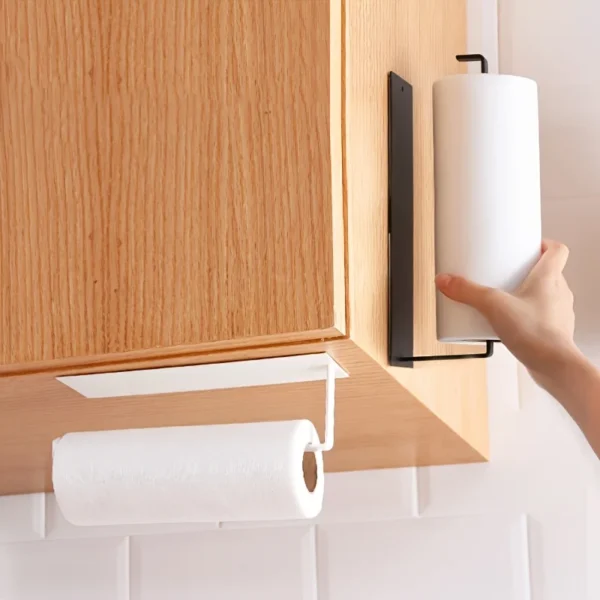 Kitchen Carbon Steel Paper Towel Holder No Punch Cabinet Paper Shelf Household Roll Paper Hanger Plastic Wrap Rag Storage Rack - Image 3