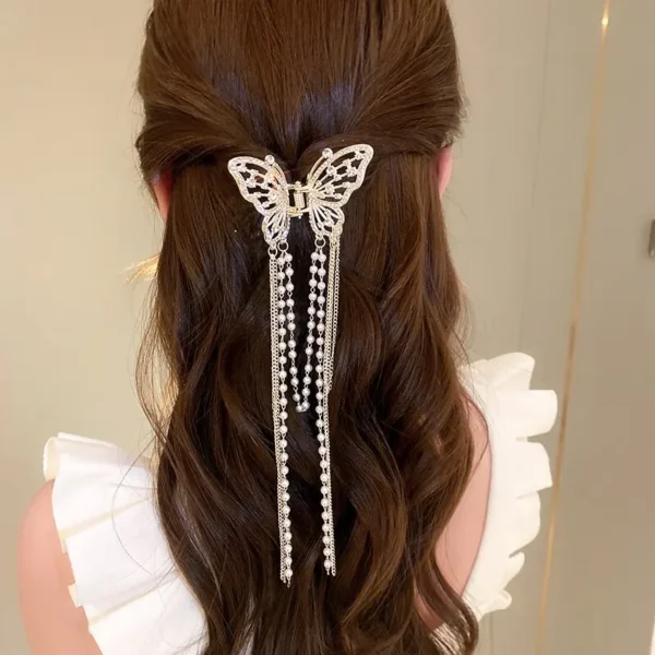 Butterfly Hair Clip With Long Tassel Hair Accessories For Women Elegant Imitation Pearl Rhinestone Shark Hairpins Jewelry - Image 3