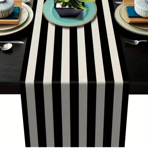 1pc Geometric Stripe Linen Table Runner, Modern Simple Black AndWhite Plaid Classic Vintage Table Cloth, Home Decoration 1pc Geo - Image 3