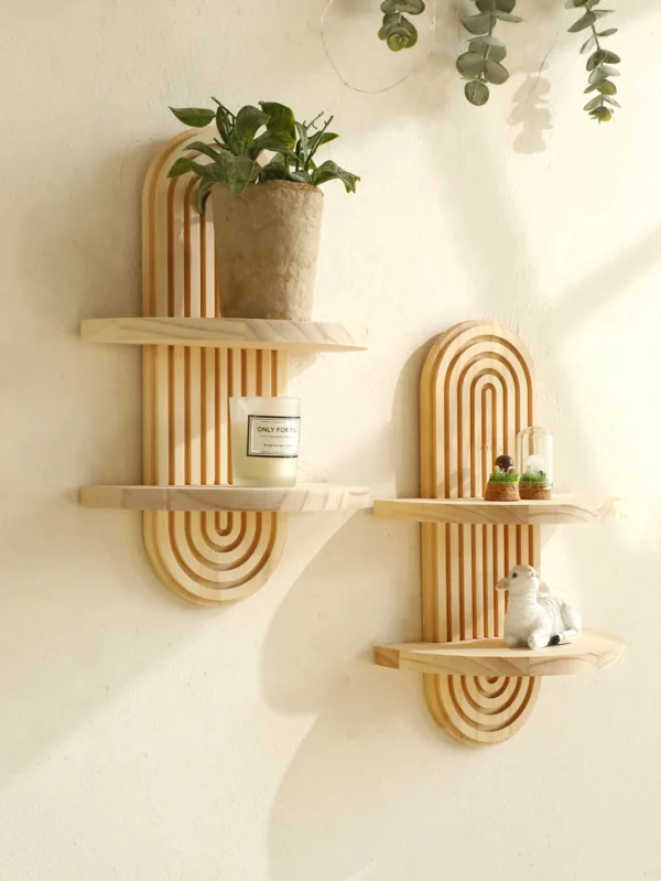 2-Tier Boho Style Wooden Wall Shelves - Geometric Wall Mounted Shelves, Natural Wood Finish, Modern Home Decor, Plant Decorative