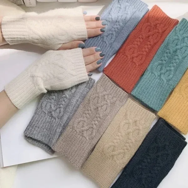 Women's half finger gloves are soft and warm in winter, with wool like knitted arm gloves and neutral black and white gloves - Image 3