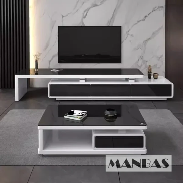 MINGDIBAO Modern  Shiny White / Black TV Stand & Smart Coffee Table, TV Cabinet & Center Table for Living Room Home Furniture - Image 2