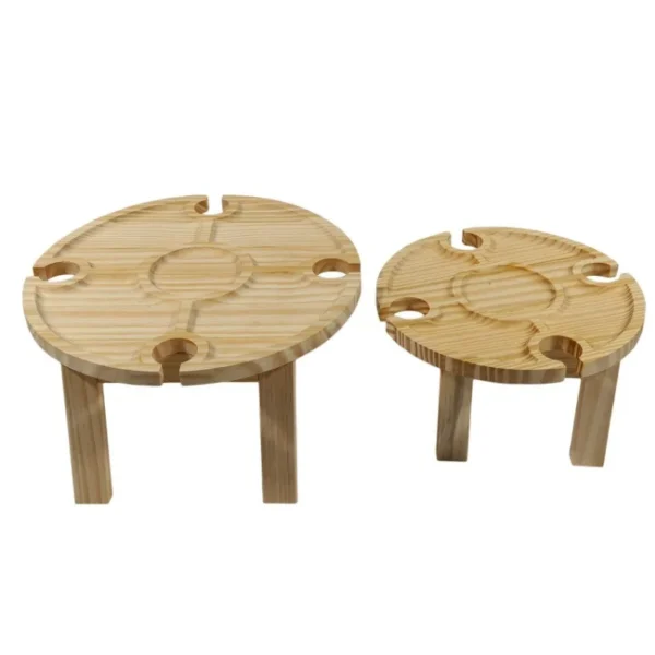 Wooden Outdoor Folding Picnic Table With Glass Holder Round Foldable Desk Wine Rack Collapsible - Image 3