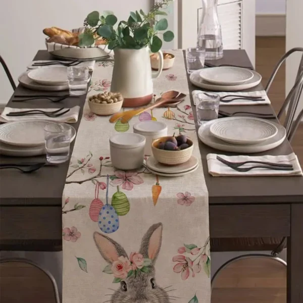 2024 Easter Rabbit Table Runner Linen Bunny Dining Table Cloth Placemat Spring Holiday Happy Easter Decoration For Home Kitchen - Image 3