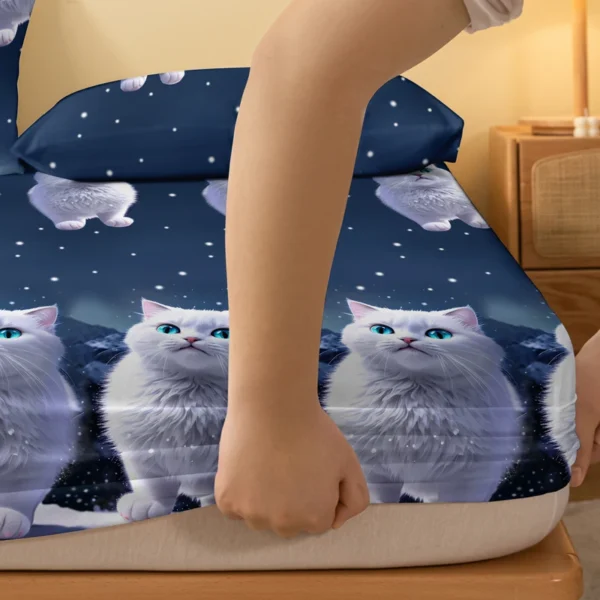 1 piece of blue eyed white cat patterned matte bedsheet, bedroom printed bedspread, bedding (excluding pillowcases) - Image 4