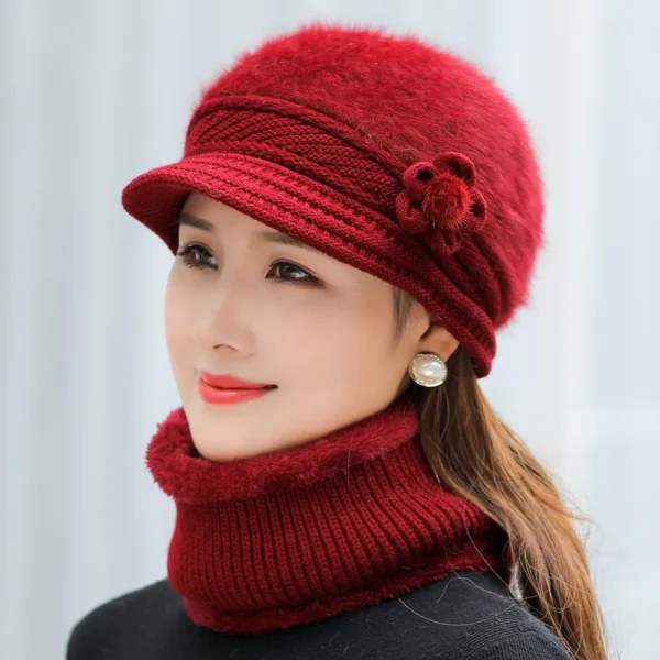 New Women Winter Hat Keep Warm Cap Add Fur Lined Hat & Scarf Warm Set Fashion Hat For Women Casual Faux Fur Flower Knitted Hat - Image 6