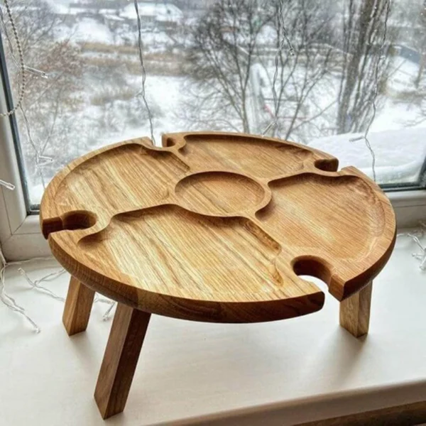 1Pc Wooden Round Foldable Tables Dried Fruit Tray With Wine Glass Holder For Outdoor Picnic Garden Party Fruit Snack Pastry Tray