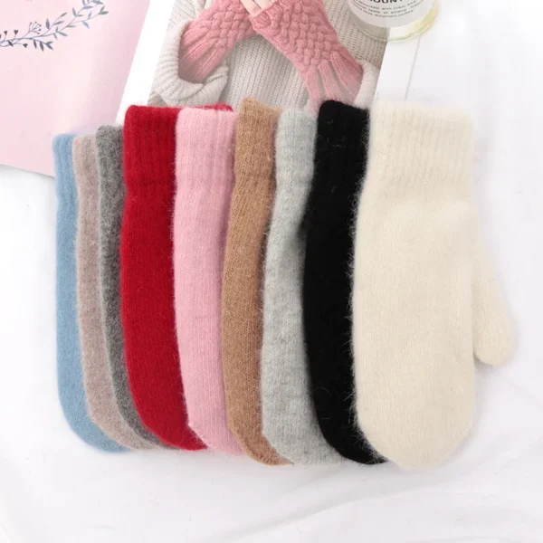 Women Winter Keep Warm Plus Cashmere Solid Color Woolen Elasticity Soft Full Fingers Mittens Girls Black Fur Knitted Cute Gloves - Image 5