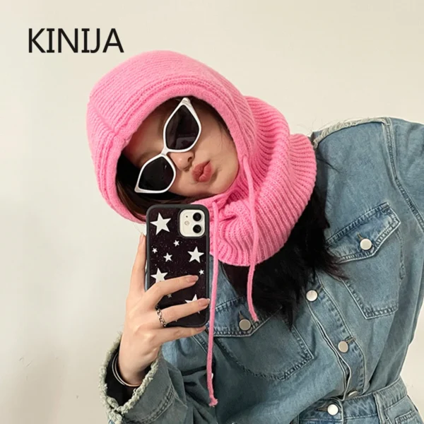 Women Knitted Balaclava Fashion Fake Collar Shawl Hooded Hat Thick Warm Beanines Winter Hat official website tool undefine - Image 5