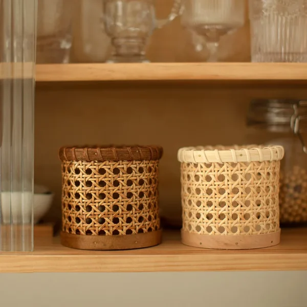 White Rattan Hand-woven Rattan Pen Holder Small Cylinder Small Flower Basket Tableware Storage Basket Small Sundry Basket - Image 3