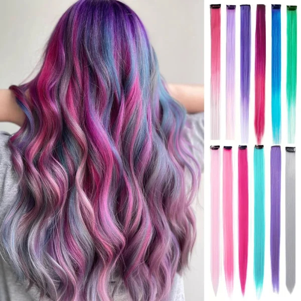 6pcs/pack Colored Party Highlights Clip in Hair Extensions for Girls 22 inches Multi-colors Straight Hair Synthetic Hairpieces