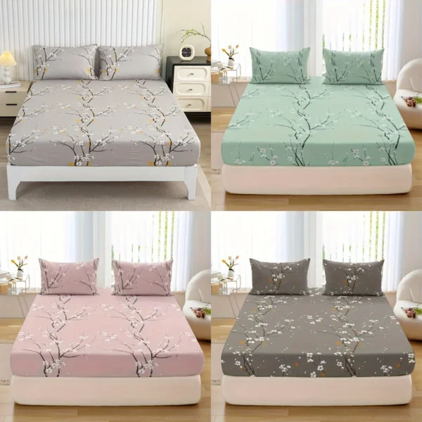 3pcs Printed Pattern Fitted Sheet Set, (1* Fitted Sheet + 2* Pillowcases, Without Core)