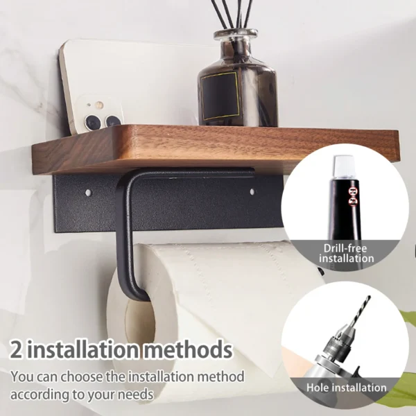 Toilet Paper Holder with Natural Walnut Wooden Shelf Tissue Roll Hanger Wall Mounted Paper Towel Bar 304 Stainless Steel Paper - Image 3