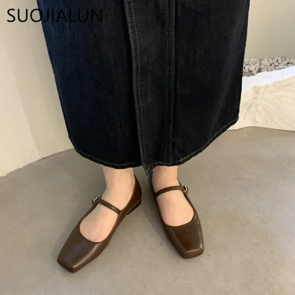 SUOJIALUN 2023 Summer New Brand Women Flats Fashion Square Toe Shallow Mary Jane Shoes Soft Casual Ballet Shoes Slingback Shoes - Image 2