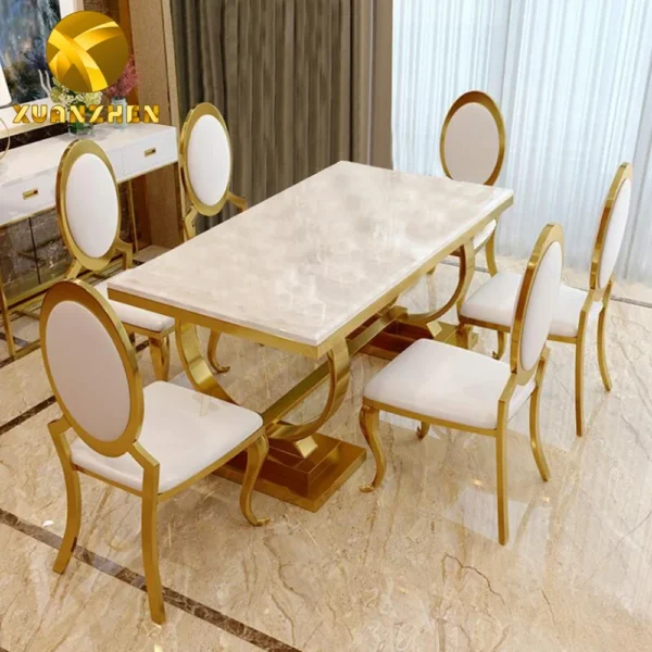 Foshan Furniture Marble Dining Table Set Restaurant Gold Metal Luxury Dining Table With 6 Chairs For Sale DT004 - Image 5